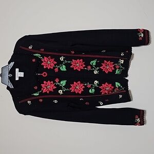 Arriviste Poinsettia Black Sweater  Christmas Cardigan M Embroidered Estate Sale